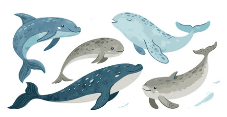Smooth Flowing Vector Art of Aquatic Mammals: Dolphin, Whale, Manatee, Seal, Otter, Narwhal