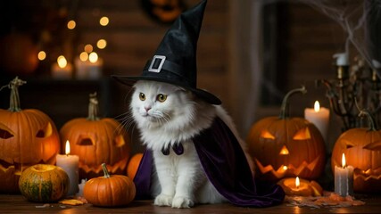 White cute fluffy cat in witch hat and cloak surrounded by pumpkins and candles for halloween celebration. Pet in festive costume, animal trick or treat party. - Powered by Adobe