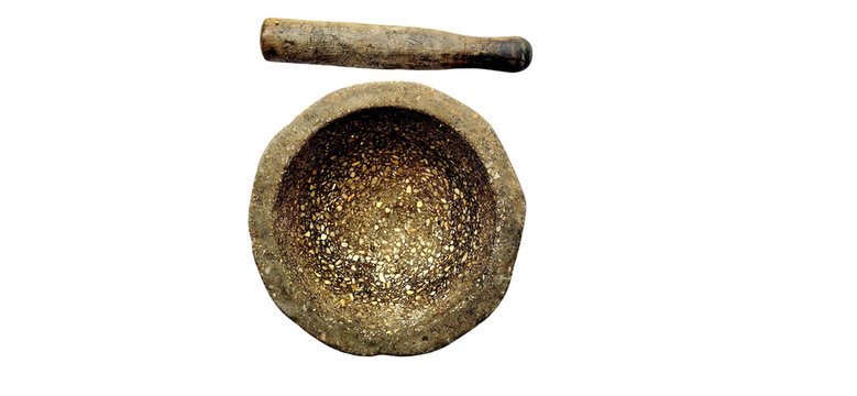 Stone Mortar and Wooden Pestle PNG Isolated on White Background 