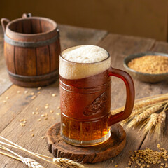The image shows a large glass mug with amber beer and thick foam flowing over the edge.