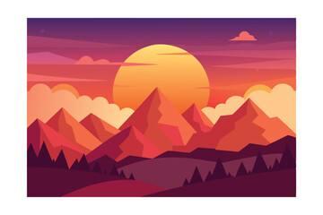Fototapeta premium Beautiful Cartoon Fantasy Landscape with Sunset