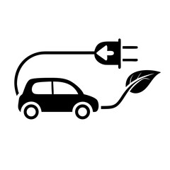 Black silhouette of an electric vehicle connected to leaf charger with transparency