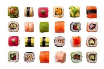 Assorted sushi rolls in a top view layout, isolated on white, colorful and clean composition, ideal for menu design or packaging.