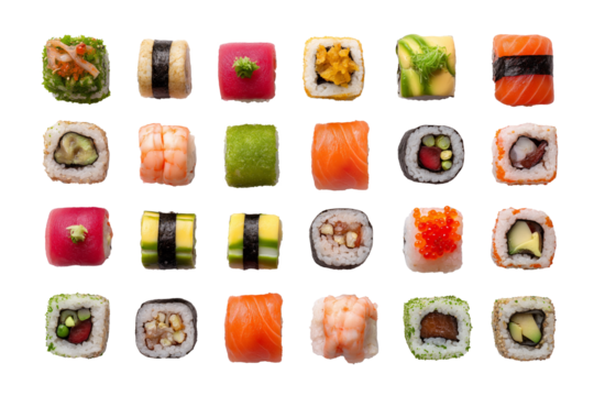 Assorted sushi rolls in a top view layout, isolated on white, colorful and clean composition, ideal for menu design or packaging.