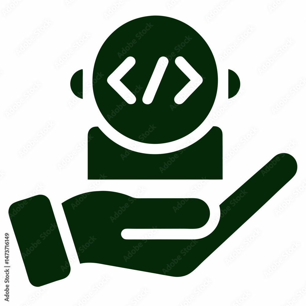 Poster programmer support icon with hand holding code symbols on a white background