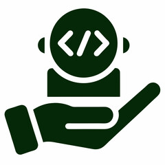 Programmer support icon with hand holding code symbols on a white background
