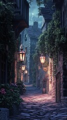 Fototapeta premium Cobblestone lane, ancient buildings, glowing lanterns, twilight.