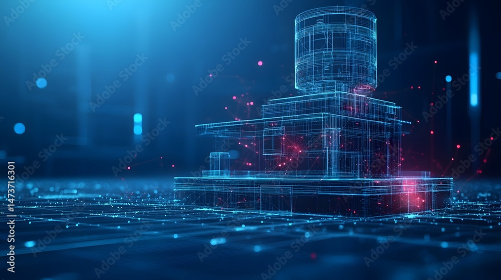 Aufkleber A digitally rendered abstract wireframe structure, featuring interconnected tiers and network nodes, evokes a futuristic data visualization. Abstract wireframe in dark blue.