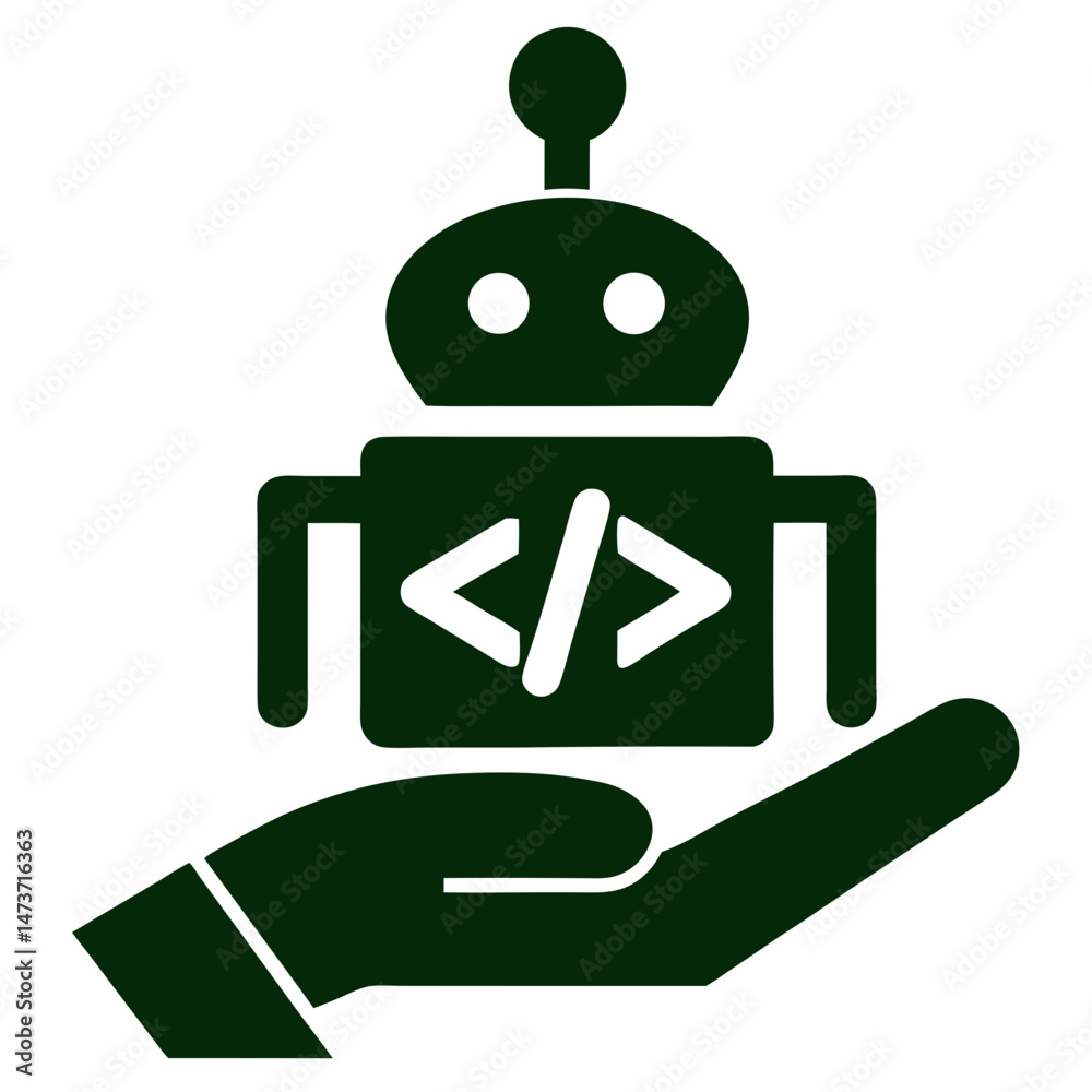 Poster a coding robot held in hand symbolic of technological innovation and support