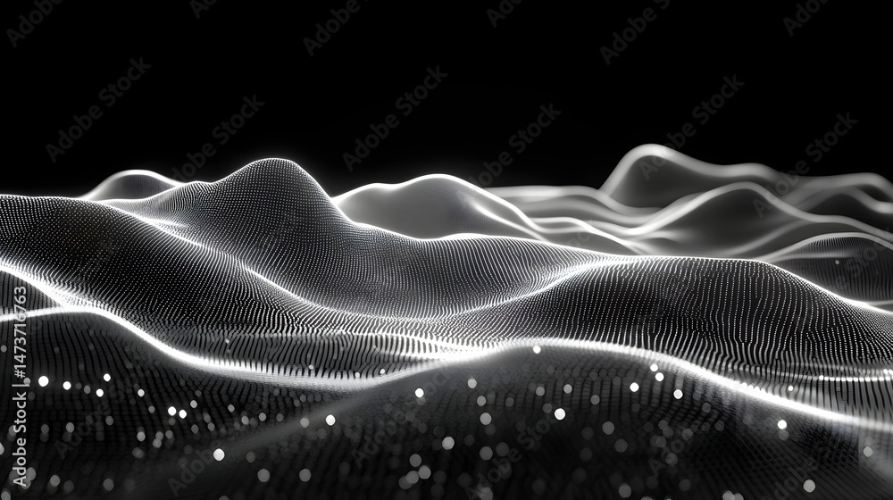 Poster Abstract digital landscape of gray dots forming hills and waves on a black background. Depth is created with out-of-focus orbs. A futuristic, dimensional topography. Abstract wireframe in dark blue