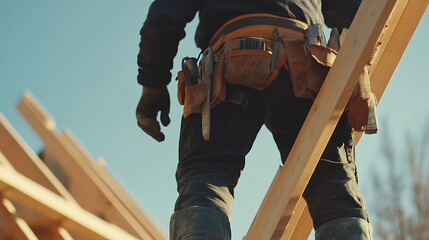 Construction Worker on Roof Framing