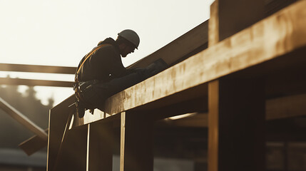 Construction Worker on Wooden Framework