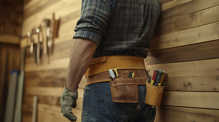 Carpenter with Tool Belt in Workshop