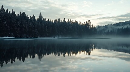 Fototapeta premium Serene lake with a snowy forest in the background
