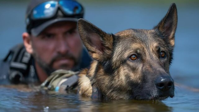 Loyal Companion: A dedicated officer and his canine partner wade through the water, a symbol of trust and teamwork in action, their faces displaying determination and focus.