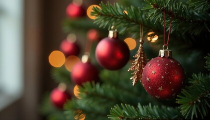 Fototapeta premium Elegant holiday ornaments hanging on a decorated Christmas tree , party, red, december