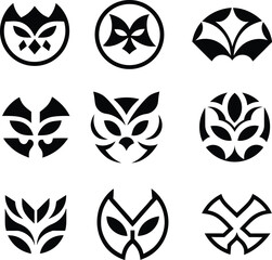 Owl Mask Logo Icons Set. Abstract Tribal Animal Emblems Collection