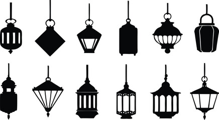 Fototapeta premium Set of vintage Arabic hanging lanterns vector elements on transparent background