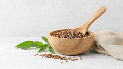 A wooden bowl filled with lentils sits on a white surface, accompanied by a wooden spoon and a sprig of green leaves.