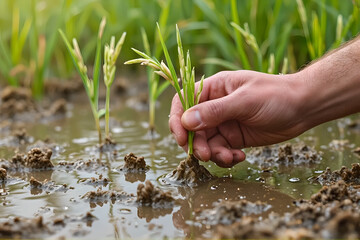 A muddy hand pulling rice seedlings In style of realistic macro photography For nature conservation blogs, farming journals, and agriculture promotion posters with detailed water droplets