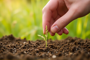 A hand placing rice seed in soil bed In style of earthy macro close-up photography For eco-farming visuals, organic agriculture ads and seed-planting awareness in warm soft shadow lighting