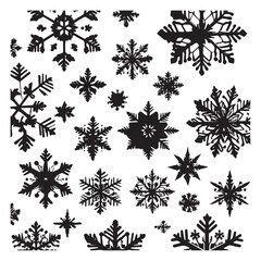 Set of black fancy snowflakes' silhouettes isolated on white background