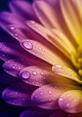 Macro closeup of flower petals with water drops in purple and yellow gradient