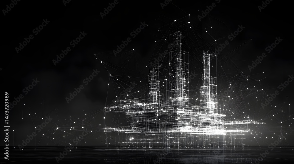 Aufkleber abstract industrial skyline rendered in bright white wireframe against a dark background. intricate 