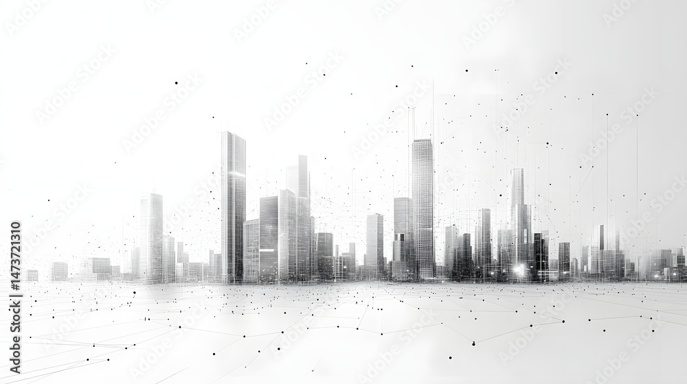 Poster Grayscale cityscape art showcasing detailed skyscrapers and a digital network foreground. A modern, minimalist design emphasizes form and structure. Abstract wireframe in dark blue.