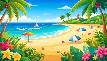 Obraz premium Tropical beach with palm trees and ocean in the background