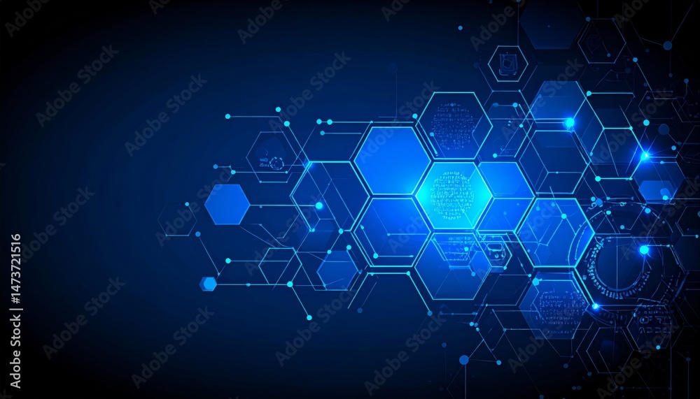 Sticker abstract blue technology background with hexagons and digital design elements