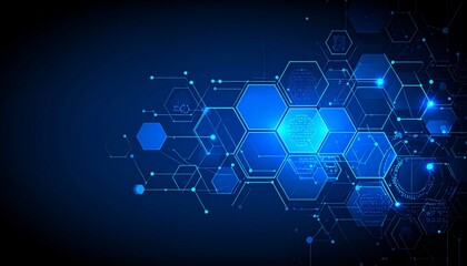 Obraz premium Abstract blue technology background with hexagons and digital design elements