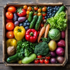 Colorful assortment of fresh produce in a wooden crate.  Vibrant vegetables and fruits fill a rustic crate
