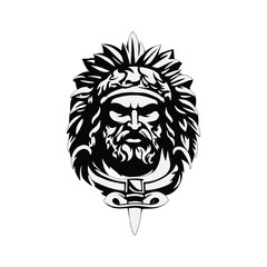 Fototapeta premium Stylized fierce warrior head with a wild mane, headband, and a sharp dagger below the face