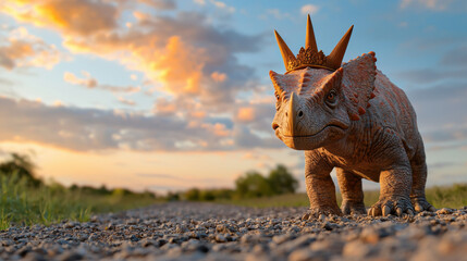 Fototapeta premium small, realistic dinosaur with prominent horns stands on a rocky path under a colorful, cloudy sky at sunset.