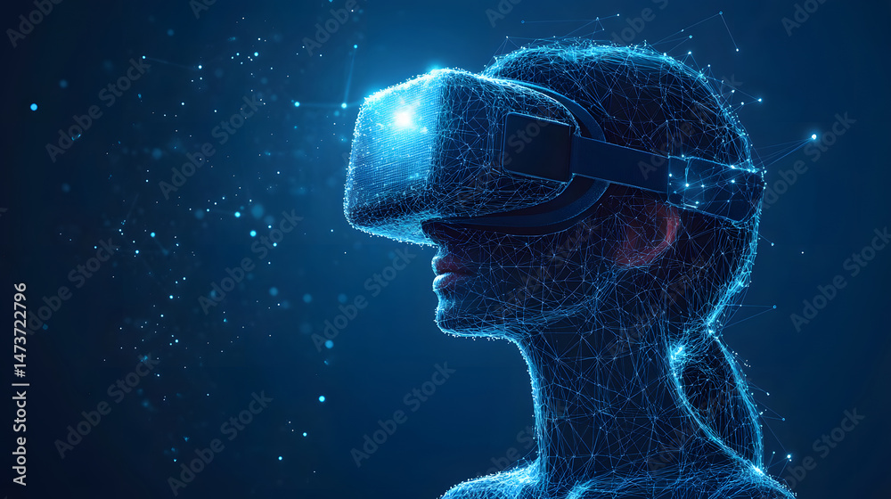 Aufkleber stylized vr user shown as a blue wireframe, glowing dots suggesting connectivity. futuristic tech il
