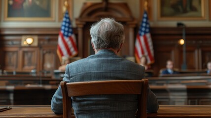 Man seated in courtroom awaiting proceedings with flags in the background during a legal session in the afternoon