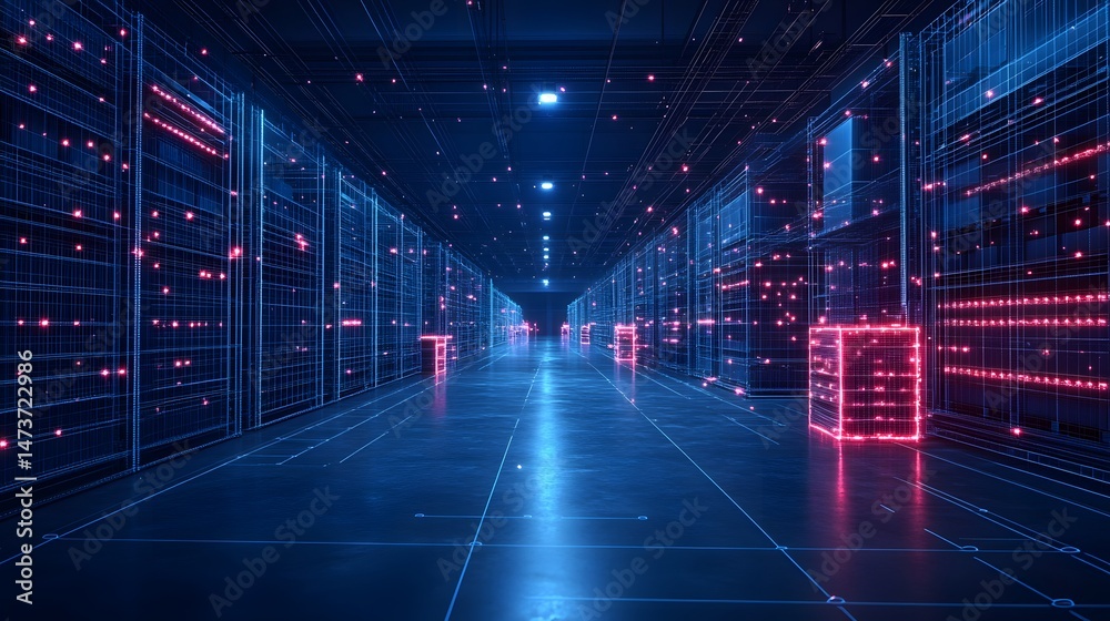 Aufkleber futuristic server room with glowing red lights and blue wireframe racks, reflecting on a grid floor.