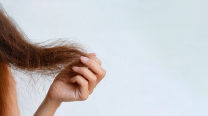 Woman hand holding long dry strands hair, split ends visible against white background, showing damaged hair needing hair treatment and repair