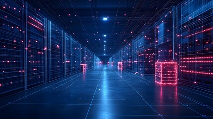 Fototapeta premium Futuristic server room with glowing red lights and blue wireframe racks, reflecting on a grid floor. High-tech data center vibe. Abstract wireframe in dark blue.