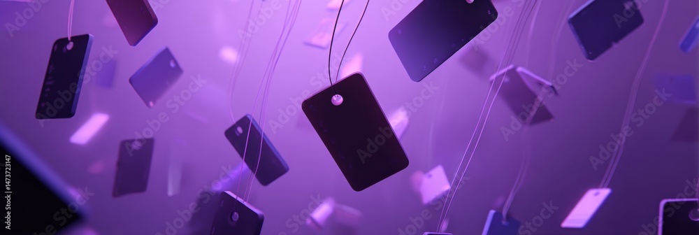 Poster Floating 3D Price Tags Surrounded by Purple Fog and Light Create a Unique Atmosphere for Visual Displays