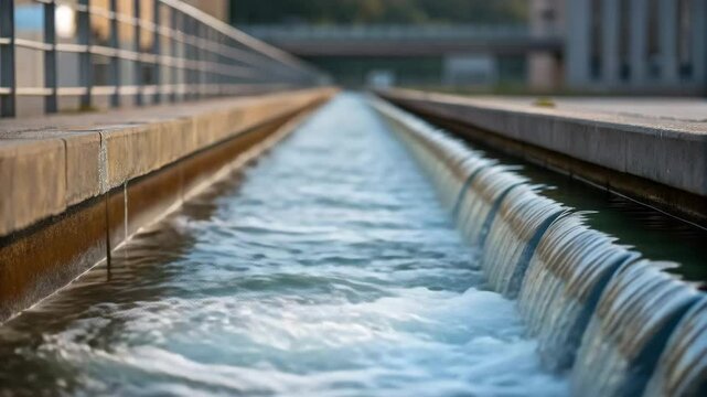 A close-up view of water flowing through a modern concrete channel, likely part of a treatment facility or urban infrastructure.