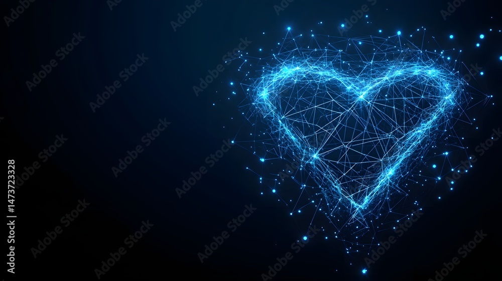 Leinwandbilder A captivating digital heart emerges against a deep blue canvas, symbolizing connection and technology. The network of lines portrays interconnectedness. Abstract wireframe in dark blue.