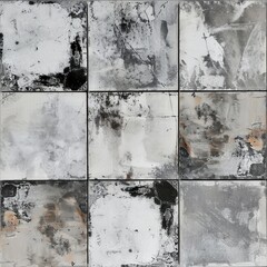Nine square ceramic tiles display a modern abstract pattern with a textured surface and a palette of blacks, whites, and grays creating a rustic artistic effect.