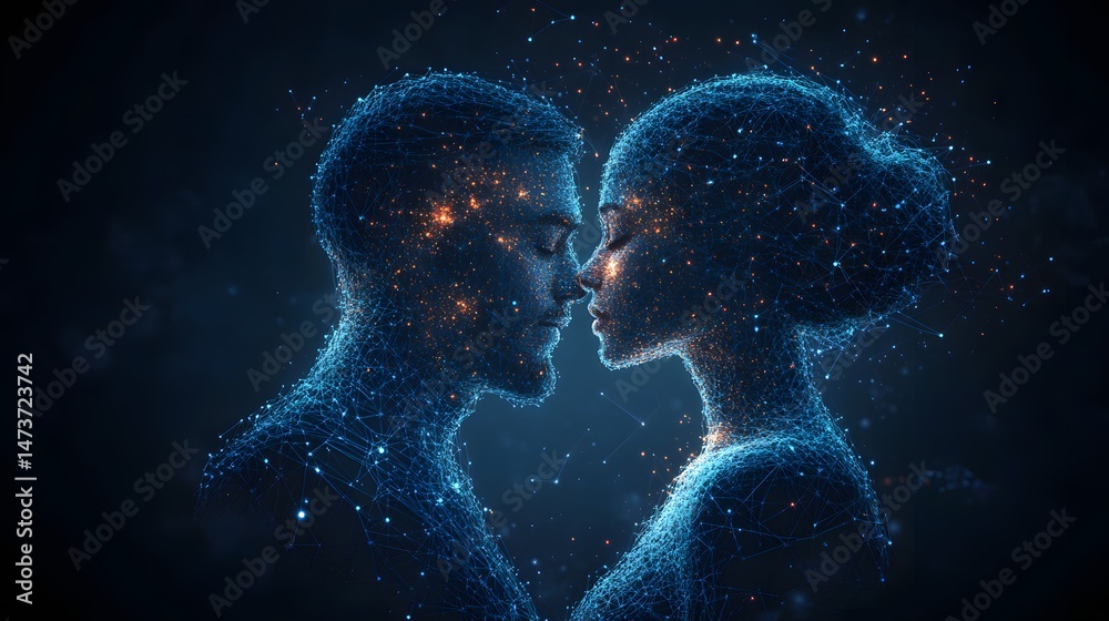 Fototapete digital figures connect with glowing lines and points in a dark blue space, symbolizing connection. 