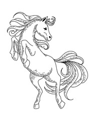 Rearing Horse in Motion, Black and White Hatched Vector Illustration