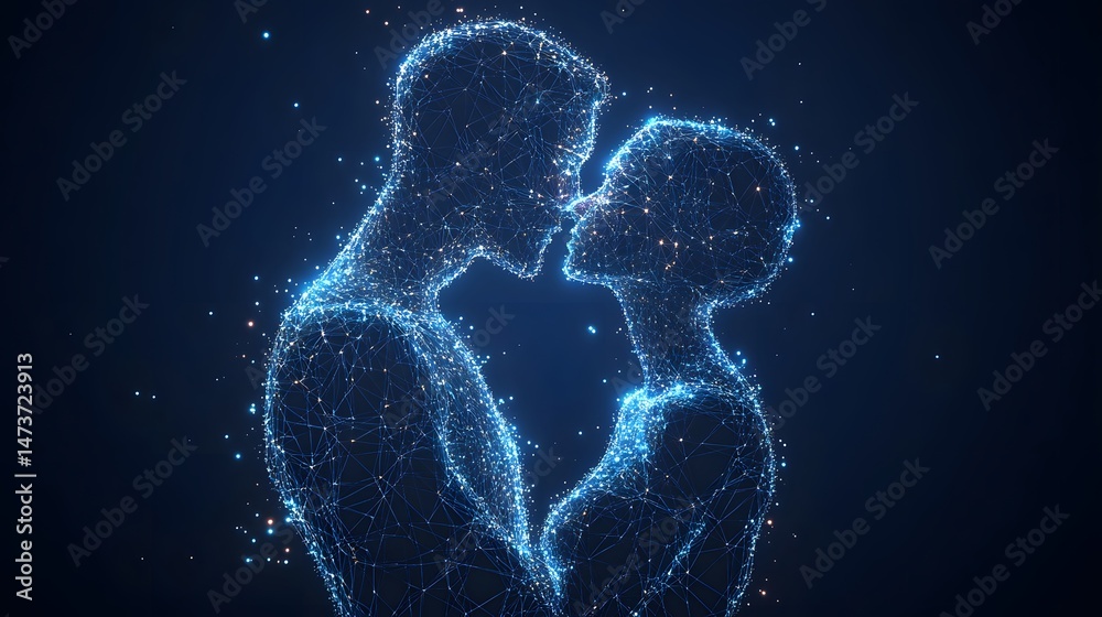 Poster Digital artistry showcases a connected network representing love. Figures of a man and woman formed from blue dots and lines share a tender moment. Abstract wireframe in dark blue.