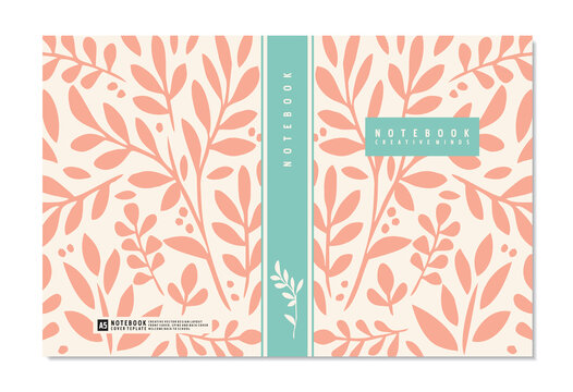 School notebook cover design with floral pattern. Creative vector background template with leaves and branches.
