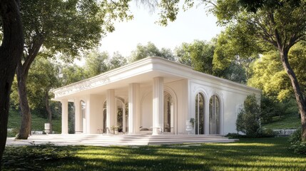 Elegant white villa with columns and archways, nestled amongst lush greenery.