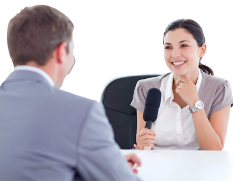 Professional interview setting communication and media exchange between interviewer and interviewee in a formal broadcasting environment